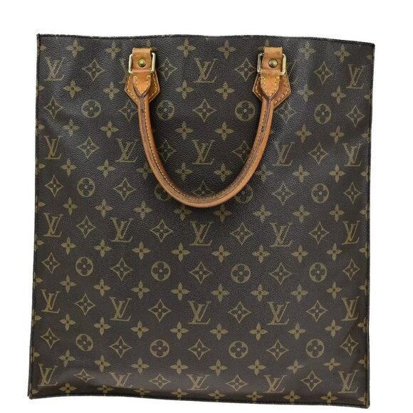 LOUIS VUITTON Logo Sac Plat Hand Tote Bag Monogram Leather Brown - Picture 11 of 14